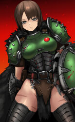 1girl absurdres armor blood blood_on_face brown_hair doom:_the_dark_ages doom_(series) doomguy expressionless genderswap genderswap_(mtf) highres looking_at_viewer multiple_scars scar shield short_hair shoulder_armor solo sunao_(70_the)