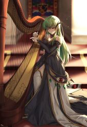 1girl absurdres backlighting bare_shoulders black_dress blurry blurry_background blush breasts budgiepon c.c. cleavage closed_mouth code_geass commentary crying crying_with_eyes_open detached_collar dress earrings floating_earring full_body gem green_gemstone green_hair hair_between_eyes harp highres hip_vent indoors instrument jewelry light_particles long_dress long_hair long_sleeves medium_breasts music off-shoulder_dress off_shoulder playing_instrument red_gemstone sad sad_smile sidelocks signature sleeves_past_wrists solo split_mouth standing straight_hair tears thighhighs tsurime very_long_hair white_thighhighs yellow_eyes
