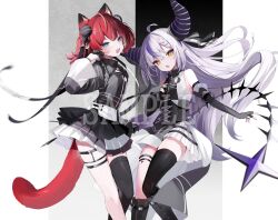2girls :d :o ahoge akami_karubi animal_ears black_boots black_corset black_gloves black_horns black_shirt black_skirt black_thighhighs blonde_hair blue_eyes boots braid braided_bangs commentary_request corset crazy_raccoon cropped_shirt cross-laced_clothes cross-laced_corset crossed_bangs demon_girl demon_horns double-parted_bangs elbow_gloves fingerless_gloves flat_chest frilled_shirt frills gloves grey_hair hair_between_eyes half_gloves hand_up highres hololive horns knee_boots la+_darknesss lace-up_boots layered_skirt legwear_garter long_hair long_sleeves looking_at_viewer miniskirt multicolored_hair multiple_girls official_art onodera_nire open_mouth pleated_skirt pointy_ears purple_hair red_hair sample_watermark shirt short_hair single_thighhigh skirt sleeveless sleeveless_shirt slit_pupils smile streaked_hair striped_horns tail tail_under_clothes thigh_strap thighhighs very_long_hair virtual_youtuber watermark white_skirt yellow_eyes