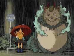 1girl 2boys artist_name black_eyes black_hair boots brown_shorts bus_stop carrying cosplay earrings freckles hagoromo highres horns jewelry koruron looking_at_another monkey_d._luffy multiple_boys one_piece piggyback portgas_d._ace rain red_umbrella rubber_boots scene_reference shawl shirt short_hair shorts sleeping tonari_no_totoro totoro totoro_(cosplay) totoro_bus_stop umbrella yamato_(one_piece) yellow_shirt