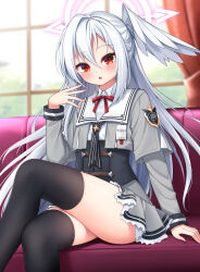 1girl :o arm_support black_corset black_neckerchief black_thighhighs blue_archive blurry blurry_background collared_shirt corset couch crossed_legs curtains day floating_hair frilled_skirt frills grey_hair grey_skirt hair_between_eyes halo hand_up highres hoshino_reiji id_card indoors light_blush light_rays long_bangs long_hair looking_at_viewer mole mole_under_eye neck_ribbon neckerchief on_couch pink_halo red_eyes red_ribbon ribbon sailor_collar shirt sitting skirt solo sunbeam sunlight suzumi_(blue_archive) thighhighs thighs very_long_hair white_sailor_collar white_shirt window