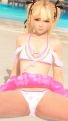 1girl 3d beach bikini blonde_hair blue_eyes closed_mouth crotch day dead_or_alive dead_or_alive_xtreme dead_or_alive_xtreme_venus_vacation looking_at_viewer marie_rose medium_hair ocean outdoors pink_skirt sitting skirt spread_legs swimsuit thighs twintails water white_and_pink_bikini white_bikini