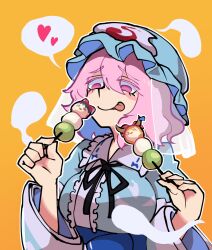 Rule 34 | 1girl, blue bow, blue hat, bow, breasts, brown horns, candy, dango, food, frilled hair tubes, frills, hair between eyes, hair bow, hair tubes, hakurei reimu, hat, hitodama, holding, holding food, horn bow, horn ornament, horn ribbon, horns, ibuki suika, iganashi1, large breasts, licking lips, long sleeves, looking at food, mob cap, neck ribbon, obi, one-hour drawing challenge, oni, orange eyes, orange hair, pink eyes, pink hair, red bow, red eyes, ribbon, saigyouji yuyuko, sash, short hair, sidelocks, simple background, solo, tongue, tongue out, touhou, triangular headpiece, upper body, wagashi, wavy hair, wide sleeves, yellow background, yellow eyes, yukkuri shiteitte ne