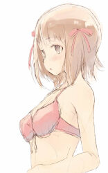 1girl :o amami_haruka bare_arms bare_shoulders bikini bow brown_eyes brown_hair commentary_request eyelashes hair_bow idolmaster idolmaster_(classic) light_blush looking_ahead parted_lips pink_bikini pink_bow short_hair simple_background solo stomach swimsuit upper_body white_background yae_(mono110)