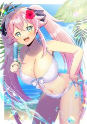 1girl :d ahoge bare_arms bare_shoulders bikini black_ribbon blue_sky breasts cloud collarbone commentary_request commission day flower food green_eyes groin hair_between_eyes hair_flower hair_ornament hair_ribbon halterneck hand_on_own_hip hand_up holding holding_food indie_virtual_youtuber kou_hiyoyo large_breasts leaning_forward long_hair mole mole_on_breast navel ocean open_mouth pink_hair popsicle red_flower ribbon side-tie_bikini_bottom skeb_commission sky smile solo swimsuit twintails umekage_mia very_long_hair virtual_youtuber water white_bikini