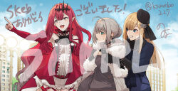 3girls ahoge baobhan_sith_(fate) baobhan_sith_(first_ascension)_(fate) black-framed_eyewear blonde_hair blush breasts detached_sleeves dress fang fate/grand_order fate_(series) frilled_dress frills gray_(fate) green_eyes grey_hair grey_hood hair_ornament highres long_hair multiple_girls none_(kameko227) open_mouth pink_hair pointing pointy_ears red_dress reines_el-melloi_archisorte sample_watermark sidelocks smile sweatdrop watermark