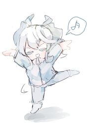 1girl chibi closed_eyes dancing demon_girl demon_horns drill_hair duel_monster full_body gekokani grey_hair horns jacket lovely_labrynth_of_the_silver_castle musical_note official_alternate_costume pants simple_background solo speech_bubble spoken_musical_note track_jacket track_suit twin_drills white_background white_jacket white_pants yu-gi-oh!