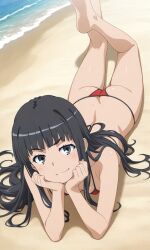1girl artist_request ass barefoot beach bikini black_eyes black_hair breasts cleavage feet highres himegami_aisa legs long_hair looking_at_viewer lying medium_breasts ocean official_style on_stomach red_bikini smile smug solo swimsuit the_pose thighs toaru_majutsu_no_index very_long_hair water