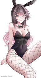 1girl absurdres animal_ears bare_shoulders black-framed_eyewear black_bow black_bowtie black_leotard blush bow bowtie breasts brown_eyes brown_hair chaisia_art cleavage collar collarbone commentary covered_navel detached_collar english_commentary fake_animal_ears fingernails fishnet_pantyhose fishnets glasses gradient_hair hair_between_eyes hair_ornament hairclip highres leotard long_hair looking_at_viewer michi_(chaisia_art) multicolored_hair original paid_reward_available pantyhose parted_lips patreon_username pink_hair playboy_bunny rabbit_ears round_eyewear simple_background sitting solo strapless strapless_leotard traditional_bowtie very_long_hair white_background white_collar