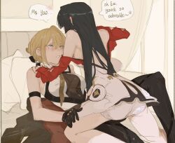 2girls absurdres astra_yao bare_shoulders black_gloves black_hair blonde_hair bluhbold blush breasts collared_shirt commentary dress ear_blush english_text evelyn_chevalier gloves hair_bun hand_on_another&#039;s_thigh hashtag-only_commentary highres indoors long_hair looking_at_another mole mole_under_eye multiple_girls on_bed panties parted_lips pillow purple_eyes shirt sideboob sleeveless sleeveless_shirt speech_bubble straddling underwear white_dress white_panties white_shirt yuri zenless_zone_zero