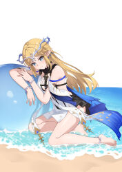 1girl absurdres bare_legs bare_shoulders barefoot black_collar black_dress blonde_hair breasts cartethyia_(wuthering_waves) collar commentary crown_of_thorns dress earrings feet highres jewelry kurosti legs long_hair necklace ocean pointy_ears shore sidelocks sitting small_breasts solo tabard tacet_mark_(wuthering_waves) toes white_tabard wuthering_waves yokozuwari