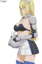 1girl aiz_wallenstein armor black_gloves blonde_hair blush breasts cleavage collarbone commentary dungeon_ni_deai_wo_motomeru_no_wa_machigatteiru_darou_ka from_side gloves highres holding large_breasts long_hair oslight simple_background solo stomach thighs unworn_armor very_long_hair white_background yellow_eyes
