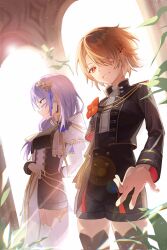 2girls black_shorts black_thighhighs blonde_hair cropped_jacket glasses green_eyes grey_hair hair_ornament hair_over_one_eye hair_over_shoulder hairclip heaven_burns_red highres izumi_yuki_(heaven_burns_red) jacket kayamori_ruka knight leaf long_hair long_sleeves low-tied_long_hair molingxiang_chimangguo multiple_girls red_eyes round_eyewear short_hair shorts thighhighs