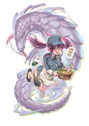 1girl absurdres apron arrow_(symbol) bandaged_leg bandages blush bottle breasts chicken_(food) chinese_text chuanshanjia_(ji_zhan_jiang_nan) circled_9 cleavage commentary_request dreadlocks explosive food foot_up genderswap genderswap_(mtf) green_eyes hat heart heart_in_eye highres ji_zhan_jiang_nan ladle large_breasts long_hair making-of_available meme military military_uniform name_connection name_tag open_mouth pangolin partially_translated poison pot purple_hair shoes skull_and_crossbones sweat symbol_in_eye teeth tongue translation_request twintails xiao_duzi
