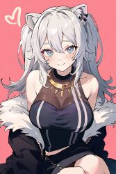 1girl animal_ear_fluff animal_ears bare_shoulders black_jacket black_shirt black_skirt blush breasts cleavage closed_mouth collarbone commentary ear_piercing earrings fur-trimmed_jacket fur_trim gold_necklace grey_eyes grey_hair hair_between_eyes highres hololive jacket jacket_partially_removed jewelry large_breasts lion_ears lion_girl long_hair looking_at_viewer necklace piercing pink_background see-through_cleavage see-through_clothes shirt shishiro_botan shishiro_botan_(1st_costume) simple_background sitting skirt solo sports_bra straight-on striped_sports_bra symbol-only_commentary twintails virtual_youtuber y_uunaa zipper_skirt