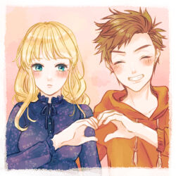 1boy 1girl alternate_costume blonde_hair blue_eyes blue_shirt blush bokujou_monogatari bokujou_monogatari:_mittsu_no_sato_no_taisetsuna_tomodachi border braid breasts brown_hair closed_mouth collarbone drawstring floral_print_shirt frilled_sleeves frills grin heart heart_hands heart_hands_duo hetero hinata_(bokujou_monogatari) hood hood_down hoodie long_hair long_sleeves looking_at_another low_twin_braids medium_breasts nanami_(bokujou_monogatari) neck_ribbon orange_hoodie parted_bangs pink_background ribbon salad726 shirt short_hair side_part smile spiked_hair swept_bangs thick_eyebrows twin_braids upper_body v-shaped_eyebrows wavy_hair white_border