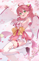 1girl :d absurdres ahoge ass_peek bare_shoulders bell bow breasts detached_sleeves flower green_eyes hair_bell hair_ornament highres hololive large_breasts looking_at_viewer open_mouth pink_flower pink_hair sakura_miko sideboob skirt smile solo thigh_strap thighhighs tsubasasekai upskirt x_hair_ornament