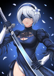 1girl 2b_(nier:automata) absurdres black_blindfold black_dress black_gloves black_hairband blindfold blue_background breasts cleavage cleavage_cutout closed_mouth clothing_cutout dress falling_petals flower gloves hair_flower hair_ornament hairband highres holding holding_sword holding_weapon katana lips medium_breasts mole mole_under_mouth nier:automata nier_(series) petals puffy_sleeves solo sweeva sword weapon white_flower white_hair