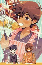 Rule 34 | 3boys, :d, absurdres, ahoge, antenna hair, apron, artist name, bacon, bare arms, bare shoulders, black eyes, black hair, black sweater, black sweater vest, blue background, brothers, brown eyes, brown hair, butter knife, collarbone, collared shirt, commentary, dark-skinned male, dark skin, double-parted bangs, drooling, english commentary, film grain, food, fork, fried egg, frilled apron, frills, grin, hair behind ear, hair between eyes, hero (faraway) (omori), hero (omori), highres, holding, holding fork, holding knife, holding spatula, jitome, kel (faraway) (omori), kel (omori), knife, leaf, long sleeves, looking at food, looking at viewer, male focus, mole, mole under eye, mouth drool, multiple boys, omori, open mouth, orange tank top, pale skin, pink apron, plate, shirt, short hair, short sleeves, siblings, simple background, smile, solo focus, sparkle, spatula, striped apron, striped background, striped clothes, sunny (omori), sweater, sweater vest, table, tank top, upper body, v-neck, vertical-striped apron, vertical-striped clothes, very short hair, watch, watermark, white shirt, white trim, wristwatch, zipsunz