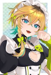 1girl absurdres blue_eyes colored_inner_hair highres idolmaster idolmaster_va-liv kamiya_ei letora_(idolmaster) maid maid_headdress multicolored_hair nameplate roots_(hair) short_hair virtual_youtuber