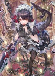 1girl absurdres apron black_dress black_hair black_pantyhose black_tail breasts candy chain chandelier colored_inner_hair commentary_request diamond_(gemstone) dress ellen_joe fins fish_tail food frills hair_ornament hairclip high_heels highres holding holding_polearm holding_weapon incredibly_absurdres large_breasts light_bulb lollipop looking_to_the_side maid_apron maid_headdress metal_hairband mole mole_under_eye multicolored_hair open_mouth pantyhose polearm puffy_short_sleeves puffy_sleeves red_eyes red_hair shaded_face shark_girl shark_tail short_hair short_sleeves solo spear spiked_headband stairs standing_on_object tail torino_aqua weapon wrist_cuffs zenless_zone_zero