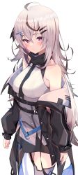 1girl absurdres ahoge bare_shoulders blush breasts commentary_request cowboy_shot hair_ornament hairclip highres indie_virtual_youtuber jun_(aousa0328) large_breasts long_hair looking_at_viewer looking_to_the_side no_bra off_shoulder purple_eyes shunsui_rei solo thighhighs upper_body virtual_youtuber walking white_background white_hair