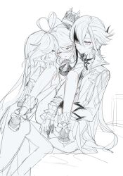 3girls ahoge arlecchino_(genshin_impact) ascot blush coat commentary fff_threesome furina_(genshin_impact) genshin_impact gloves greyscale group_sex hand_on_another&#039;s_thigh hereactivate highres long_hair monochrome multicolored_hair multiple_girls parted_lips saliva saliva_trail smile streaked_hair sweat threesome yuri