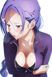 1girl alternate_costume black_one-piece_swimsuit blush braid braided_ponytail breasts cleavage collarbone commentary_request embarrassed from_above hair_ornament half_up_braid highres holding_own_arm jacket large_breasts long_hair looking_to_the_side mito_(sao) nuguri444 one-piece_swimsuit open_mouth partially_open_jacket purple_eyes purple_jacket red_eyes simple_background solo steam_from_mouth sweat swimsuit sword_art_online sword_art_online_progressive textless_version upper_body very_sweaty white_background x_hair_ornament