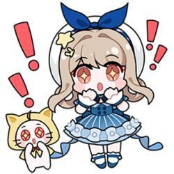 ! !! +_+ 1girl :o ahoge animal artist_request back_bow bare_shoulders beads beret blonde_hair blue_bow blue_bowtie blue_dress blue_shoes blue_sleeves blue_wrist_cuffs blush_stickers bow bowtie brooch brown_eyes bubbly_voyage_(infinity_nikki) buttons cat chibi cloak clothed_animal collared_dress detached_sleeves dress eyes_visible_through_hair frilled_dress frilled_socks frilled_wrist_cuffs frills hair_intakes hair_ornament hair_rings hairclip hands_on_own_cheeks hands_on_own_face hat hat_bow hat_ornament hood hood_up hooded_cloak infinity_nikki jewelry lowres mary_janes momo_(nikki) nikki_(nikki) nikki_(series) non-web_source official_art open_mouth rabbit_hair_ornament red_bow red_bowtie shoes short_dress short_hair short_sleeves sidelocks socks sparkling_eyes standing star_(symbol) star_hat_ornament strapless strapless_dress striped_clothes striped_dress surprised swept_bangs tareme traditional_bowtie transparent_background vertical-striped_clothes vertical-striped_dress whiskers white_cat white_hat white_socks wrist_cuffs yellow_cloak