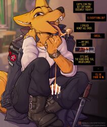 1boy animal_ears bar_censor black_boots black_coat black_pants boots censored coat commentary dagger english_commentary erection fangs fox_boy fox_ears fox_tail furry furry_male gregg_lee highres honey honey_dipper knife licking looking_at_viewer male_focus night_in_the_woods open_mouth pants penis planted planted_knife planted_weapon shirt spiritd tail tongue tongue_out weapon whiskers white_shirt