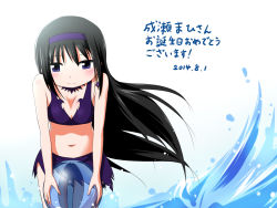 10s 1girl 2014 adapted_costume akemi_homura ball beachball black_hair breasts cleavage dated earrings female_focus hairband highres hipporit jewelry kouga_(hipporit) long_hair looking_at_viewer mahou_shoujo_madoka_magica mahou_shoujo_madoka_magica:_hangyaku_no_monogatari navel purple_eyes simple_background single_earring small_breasts smile solo swimsuit translation_request water white_background