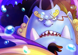 1boy absurdres black_eyes black_hair blue_skin colored_skin commentary curly_eyebrows english_commentary facial_hair fish_boy goatee highres jinbe_(one_piece) konnybee long_hair looking_at_viewer male_focus one_piece open_mouth scar scar_on_face sharp_teeth solo teeth tusks