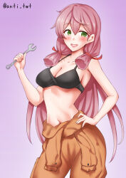 1girl akashi_(kancolle) anti_(untea9) bare_shoulders bikini black_bikini breasts cleavage collarbone green_eyes hair_between_eyes hair_ribbon hand_on_own_hip highres holding holding_wrench jumpsuit jumpsuit_around_waist kantai_collection long_hair looking_at_viewer medium_breasts orange_jumpsuit pink_hair purple_background red_ribbon ribbon simple_background solo swimsuit tress_ribbon twitter_username very_long_hair wrench