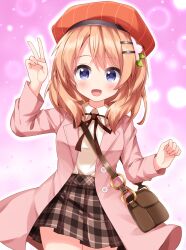 1girl :d arm_up bag blush brown_bag brown_skirt coat collared_shirt commentary_request cowboy_shot gochuumon_wa_usagi_desu_ka? hair_ornament hairclip hat highres hoto_cocoa long_sleeves looking_at_viewer medium_hair neck_ribbon open_clothes open_coat open_mouth orange_hair pink_coat plaid_clothes plaid_skirt pleated_skirt red_hat red_ribbon ribbon ruu_(tksymkw) shirt shoulder_bag skirt smile solo v white_shirt