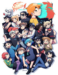 6+boys 6+girls absurdres black_eyes blonde_hair blue_hair brothers brown_hair commentary_request dark-skinned_male dark_skin demon_hipster_chicks dress envy_adams even_older_scott everyone freckles future_scott_pilgrim gideon_graves hair_ornament highres implied_yaoi julie_powers ken_katayanagi kim_pine knives_chau kyle_katayanagi league_of_evil_exes long_hair lucas_lee matthew_patel multiple_boys multiple_girls neil_nordegraf official_style ponytail ramona_flowers red_hair robot robot-01 roxie_richter scott_pilgrim scott_pilgrim_(series) scott_pilgrim_takes_off short_hair short_ponytail short_twintails siblings simple_background solid_circle_eyes stacey_pilgrim star_(symbol) star_hair_ornament stephen_stills todd_ingram twins twintails very_dark_skin wallace_wells warambling white_background