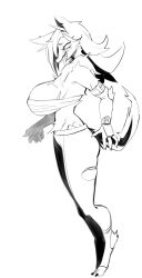 1girl 3gs absurdres animal_ear_fluff animal_ears animal_feet animal_hands animal_nose areola_slip body_fur breasts budget_sarashi claws elbow_cutout elbow_gloves female_focus fingerless_gloves from_side full_body furry furry_female gloves greyscale groin happy highres huge_breasts long_hair mature_female monochrome neck_fur notched_ear open_mouth original pants profile raised_eyebrows sarashi scar scar_across_eye scar_on_breasts scar_on_face sharp_teeth simple_background sketch smile snout solo standing stirrup_legwear tail teeth tiptoes toeless_legwear tongue tongue_out torn_clothes torn_pants white_background wolf_ears wolf_girl wolf_tail