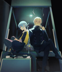 1boy 1girl absurdres ai_the_somnium_files ai_the_somnium_files:_nirvana_initiative aiba_(ai_the_somnium_files) black_dress black_pantyhose black_shoes blonde_hair blue_hair braid cones_(c0_nes) crane_game crossed_legs date_kaname dress highres long_hair looking_at_viewer low_twin_braids medium_hair okiura_mizuki pantyhose school_uniform sekiba_girls&#039;_high_school_uniform shoes twin_braids very_long_hair vest yellow_vest