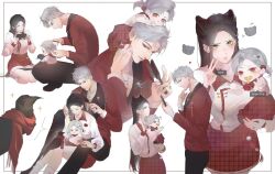 1boy 1other 2girls bird black_bird blush brown_hair brushing_hair child closed_mouth comb crow dress earrings grey_hair highres holding holding_comb holding_phone jacket jewelry lips long_hair long_sleeves looking_at_another love_and_deepspace mephisto_(love_and_deepspace) multiple_girls multiple_views ng_ai0 pants parted_bangs parted_lips phone protagonist_(love_and_deepspace) red_eyes shirt short_hair sitting skirt sylus_(love_and_deepspace) v