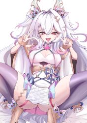 absurdres baki_(duel_masters) breasts cleavage double_v duel_masters fang grey_hair hair_between_eyes hair_ornament heart heart_in_eye highres long_hair looking_at_viewer multicolored_hair open_mouth pink_hair purple_eyes royo21294110 simple_background spread_legs squatting sweat symbol_in_eye tongue tongue_out v very_long_hair white_background wide_sleeves wristband