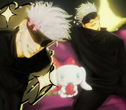 1boy 679sora black_blindfold blindfold cinnamoroll closed_mouth couch fangs gojou_satoru highres jujutsu_kaisen jujutsu_tech_uniform lips long_sleeves looking_at_viewer male_focus on_couch open_mouth pants sanrio short_hair smile solo sparkle spiked_hair stuffed_toy teeth upper_body white_hair