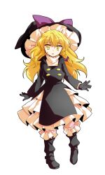 1girl alphes_(style) black_boots black_dress black_gloves black_hat blonde_hair boots bow braid buttons commentary_request dairi double-breasted dress full_body gloves hair_bow hat hat_bow highres kirisame_marisa layered_skirt long_hair long_sleeves looking_at_viewer open_mouth parody purple_bow side_braid single_braid skirt small_sweatdrop solo style_parody tachi-e touhou transparent_background turtleneck witch_hat yellow_eyes