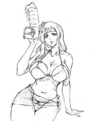 1girl bare_arms bikini bleach breasts cleavage collarbone cowboy_shot greyscale half-closed_eyes holding holding_water_gun inoue_orihime kubo_tite_(style) large_breasts long_hair looking_at_viewer midriff monochrome navel parted_bangs parted_lips rakusakugk sarong see-through_clothes see-through_sarong sketch solo swept_bangs swimsuit water_gun white_background