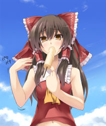 1girl asu_hare bad_id bad_pixiv_id bow brown_eyes brown_hair cloud day female_focus food hair_bow hair_tubes hakurei_reimu highres hot long_hair looking_at_viewer navel orange_eyes popsicle sexually_suggestive sky solo sweat touhou upper_body