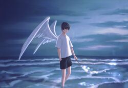 1boy black_eyes black_hair black_shorts cloud cloudy_sky commentary_request feathered_wings feet_out_of_frame grey_sky hand_in_pocket highres holding holding_wand in_water looking_at_viewer male_focus moxamog ocean original parted_lips shadow shirt short_hair shorts sky solo standing standing_on_one_leg wand white_shirt white_wings wings