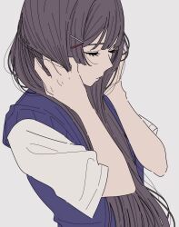 1girl black_hair blue_sweater_vest closed_eyes closed_mouth hair_ornament hairclip hand_in_own_hair highres kamatama_rom long_sleeves nijisanji shirt short_sleeves simple_background solo sweater_vest tsukino_mito tsukino_mito_(summer_uniform) upper_body virtual_youtuber white_background white_shirt