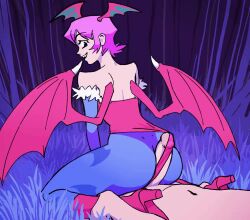 1boy 1girl animal_print animated ass bat_print black_eyes bouncing_ass buttjob clothed_female_nude_male darkstalkers girl_on_top grass head_wings lilith_(darkstalkers) looking_back nude penis pink_hair pokannnn shoes short_hair smile soles uncensored video wings