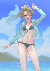 1girl absurdres arm_up bikini blue_bikini blue_jacket blue_sky breasts cloud commentary_request day ftgtt_kcl green_eyes green_hair hair_between_eyes hair_ribbon highres jacket kantai_collection long_hair looking_at_viewer one_eye_closed open_clothes open_jacket open_mouth outdoors ponytail ribbon side-tie_bikini_bottom sky small_breasts solo swimsuit water zuikaku_(kancolle) zuikaku_(swimsuit)_(kancolle) zuikaku_kai_ni_(kancolle)