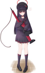 1girl 3: absurdres beret black_choker black_gloves black_hair black_hat black_sailor_collar black_serafuku black_shirt black_shoes black_skirt black_socks blue_archive blunt_bangs blush choker closed_mouth commentary eyes_visible_through_hair full_body gloves gun hair_over_shoulder halo hat hayumi_(hayumi03) highres holding holding_gun holding_weapon justice_task_force_member_(blue_archive) kneehighs loafers long_hair long_sleeves looking_at_viewer miniskirt neckerchief pleated_skirt puffy_long_sleeves puffy_sleeves raised_eyebrows red_eyes red_halo red_neckerchief sailor_collar school_uniform serafuku shirt shoes shy simple_background skirt socks solo speech_bubble split_mouth spoken_blush standing straight_hair tsurime very_long_hair weapon white_background