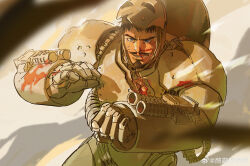 Rule 34 | 1boy, absurdres, arm cannon, armor, black hair, blood, blood on face, blue eyes, chinese commentary, clenched hand, commentary request, er miao ying ying ying, facial hair, full armor, grey armor, hands up, helmet, highres, iron man, iron man (2008), iron man (series), looking at viewer, male focus, marvel, marvel cinematic universe, open mouth, power armor, short hair, smile, solo, superhero costume, sweatdrop, teeth, tony stark, watermark, weapon, weibo watermark