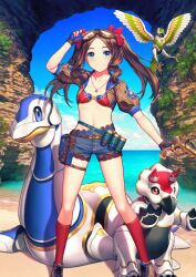 1girl adjusting_eyewear arm_up beach belt bikini bikini_under_shorts blue_eyes blue_sky bow breasts brown_gloves brown_jacket brown_shoes closed_mouth cloud collarbone cropped_jacket denim denim_shorts dinosaur fate/grand_order fate_(series) feet_out_of_frame fingerless_gloves game_cg gloves goggles goggles_on_head gun hair_bow hand_on_eyewear handgun holding holding_gun holding_weapon horizon jacket jewelry kneehighs legs_apart leonardo_da_vinci_(fate) leonardo_da_vinci_(fate/grand_order) leonardo_da_vinci_(rider)_(fate) leonardo_da_vinci_(swimsuit_ruler)_(fate) long_hair looking_at_viewer navel non-humanoid_robot ocean official_art open_clothes open_jacket outstretched_arm parted_bangs pendant plesiosaur pouch puffy_short_sleeves puffy_sleeves red_bikini red_bow red_socks robot robot_animal robot_bird sand shoelaces shoes short_shorts short_sleeves shorts sidelocks simosi sky small_breasts smile socks solo standing swimsuit thigh_pouch thigh_strap third-party_source triceratops trigger_discipline twintails weapon